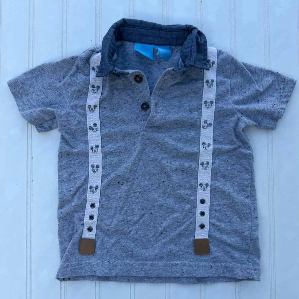 Disney Mickey Mouse Toddler Boy Gray Faux Suspender Polo Shirt 18-24M